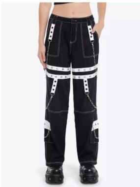 HOT TOPIC Black White Grommet Suspender Chain Skater Pants Jrs Size 3